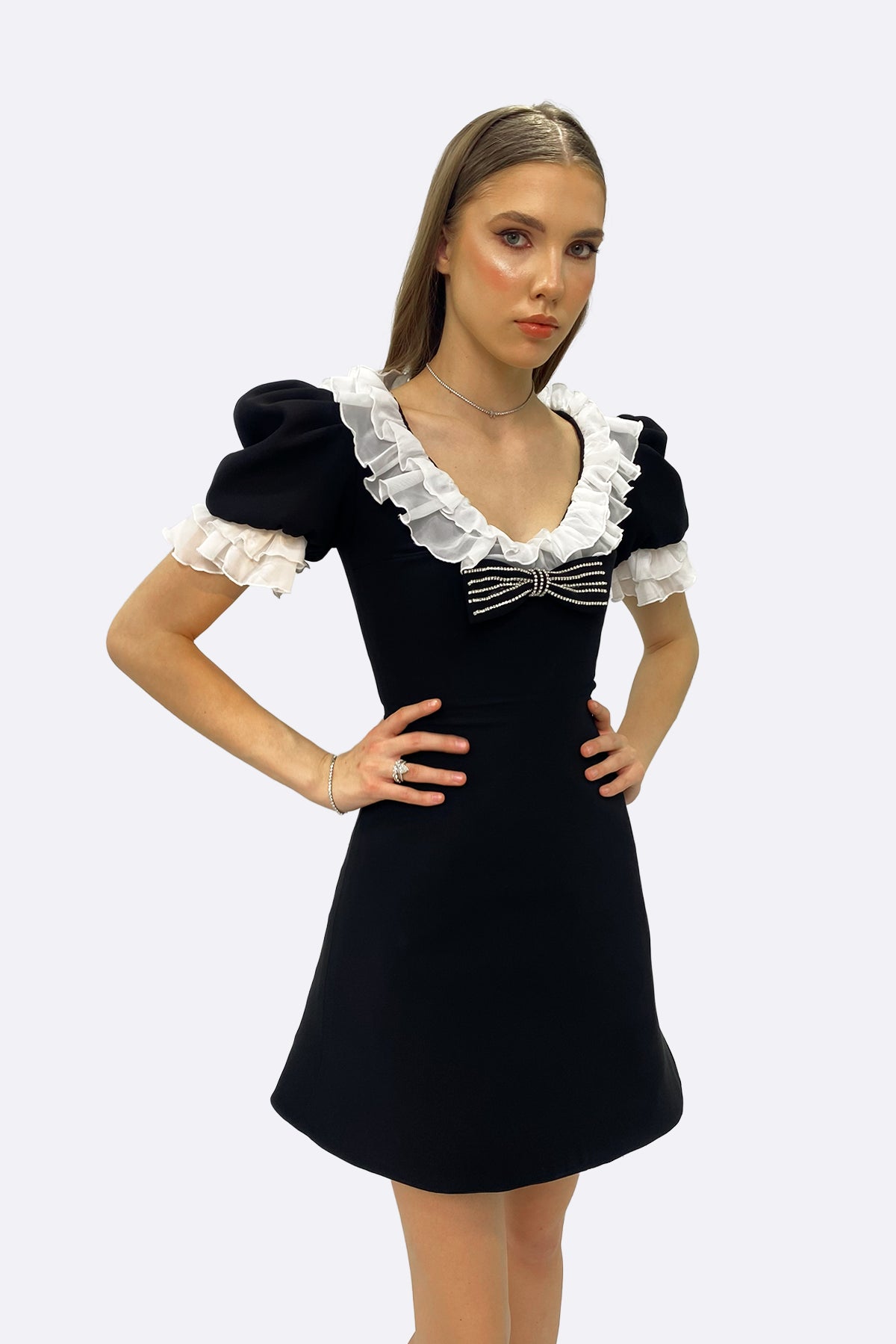 Black Contrast Ruffle Mini Dress