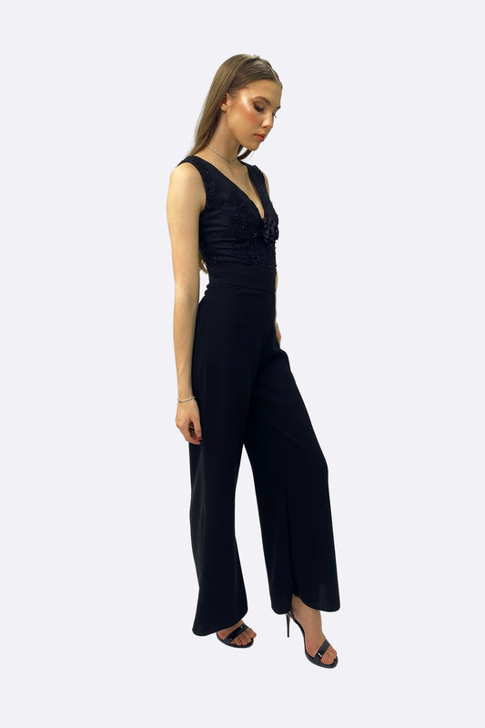Black Embellished Crepe Jumpsuit