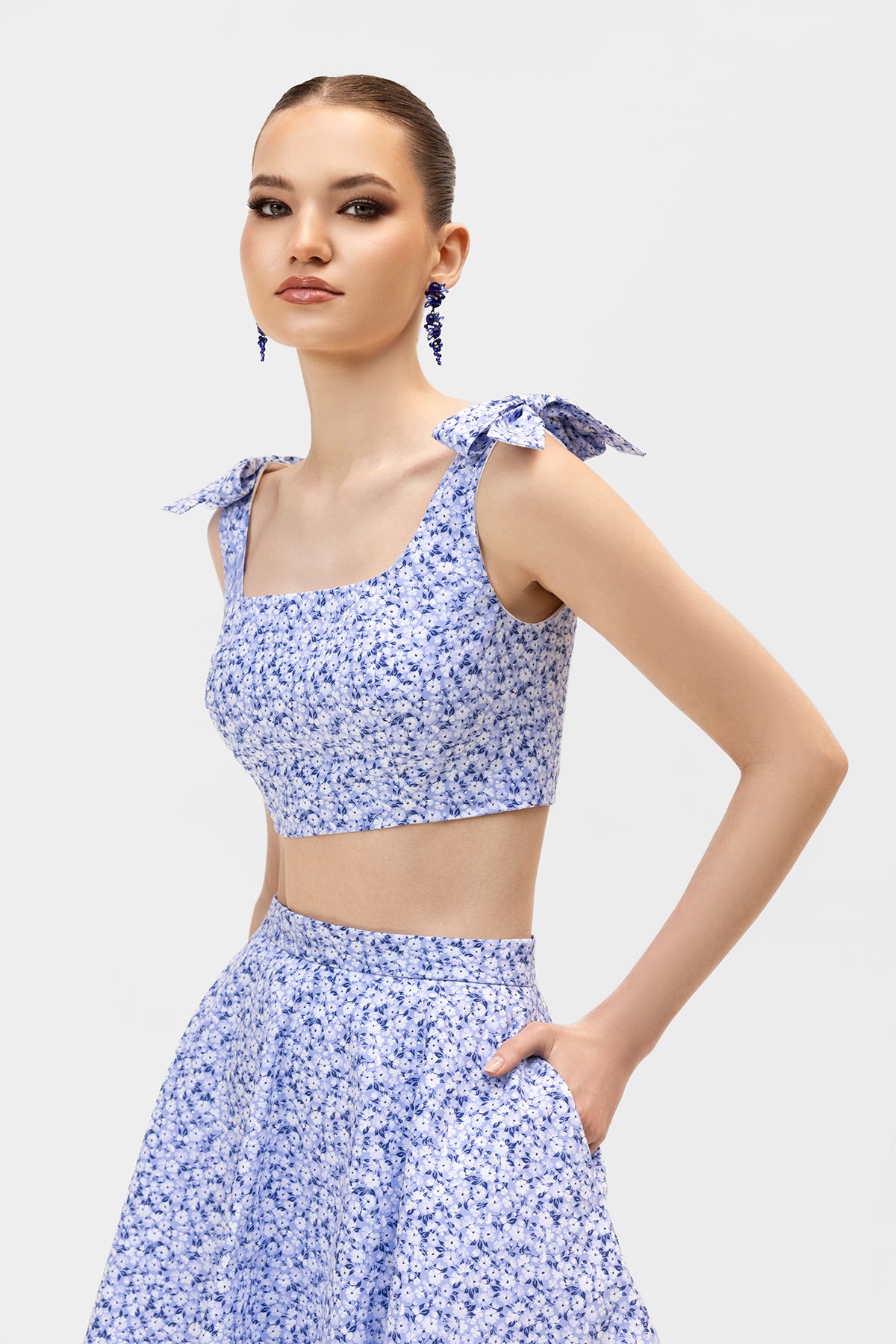 Blue Floral Crop Top and A-Line Skirt Set