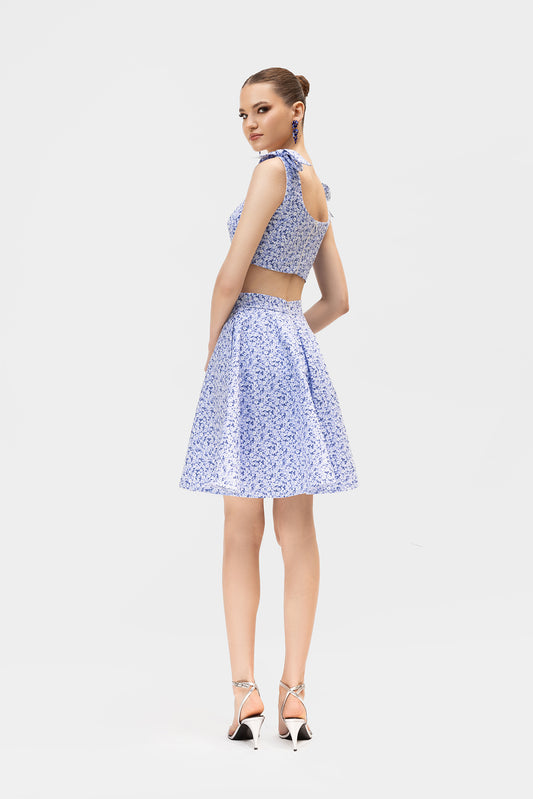 Blue Floral Crop Top and A-Line Skirt Set