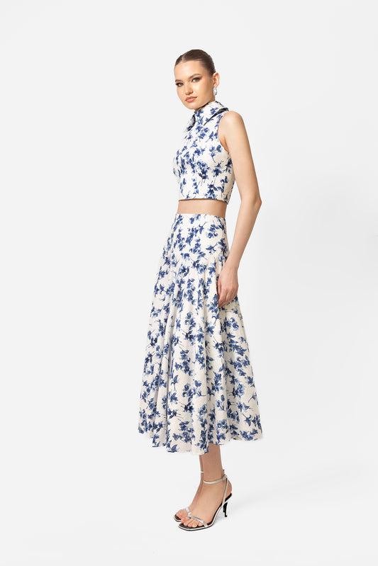 Blue and White Floral Crop Top and Midi Skirt Set
