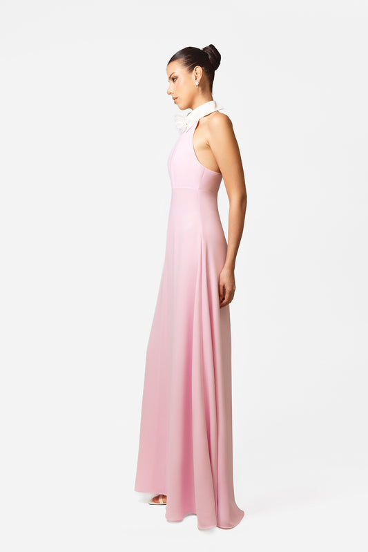 Light Pink Halter Neck Maxi Dress with White Collar Detail