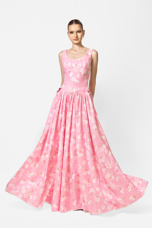 Pink Floral Jacquard Sleeveless Gown