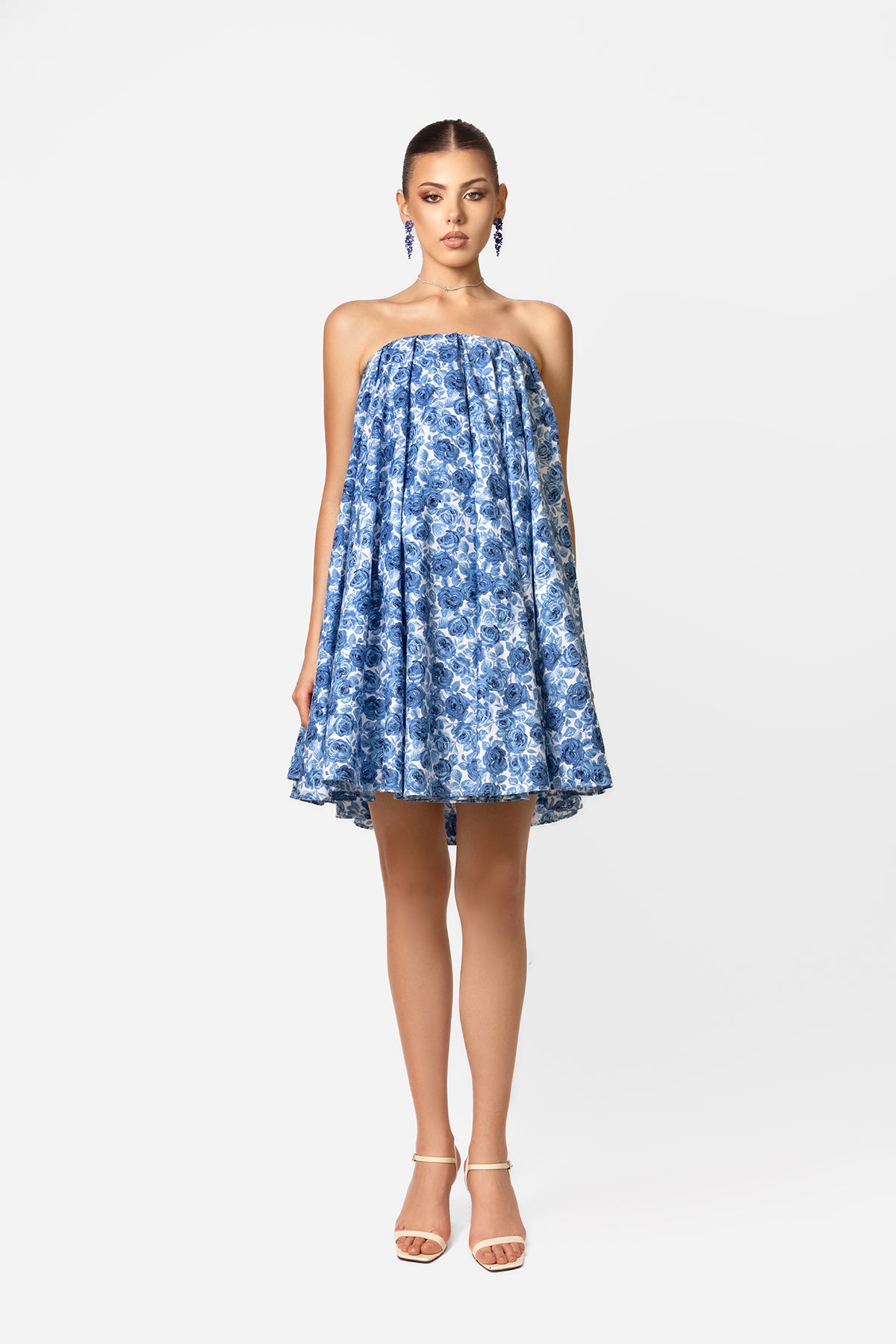 Blue Floral Strapless A-Line Mini Dress