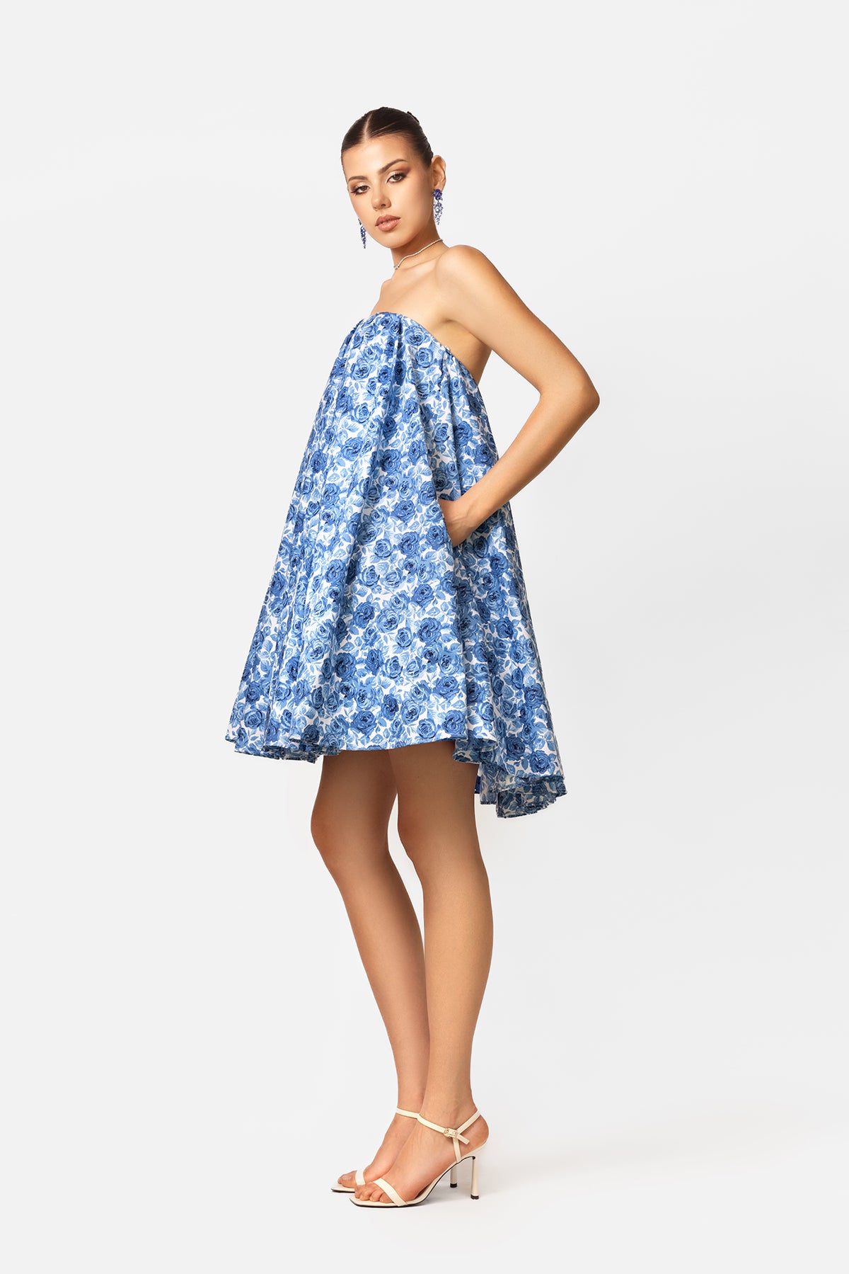 Blue Floral Strapless A-Line Mini Dress