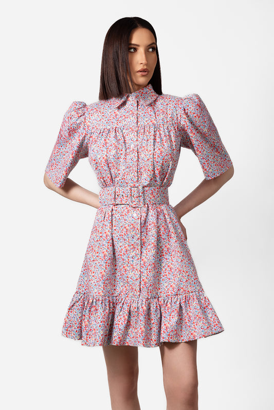 Floral Belted Mini Dress with Puff Sleeves