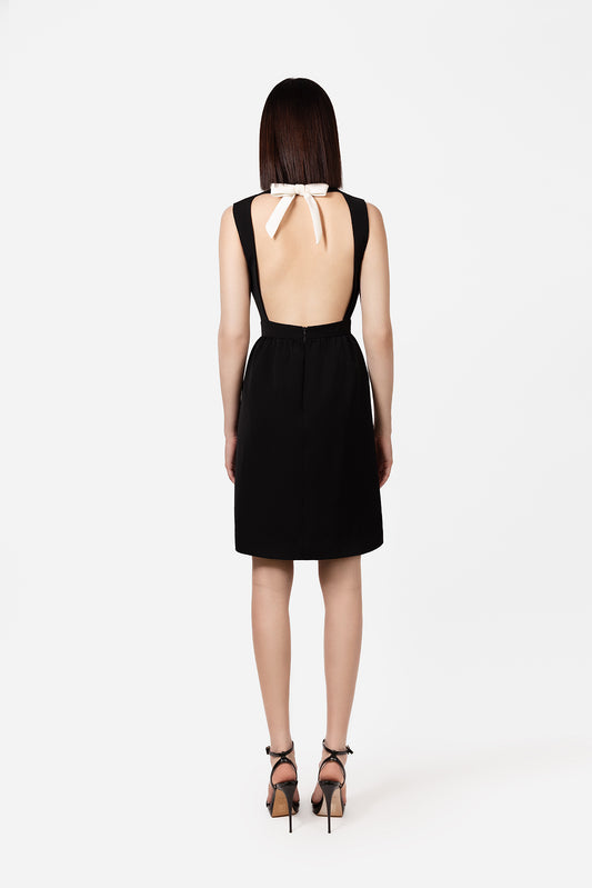 Black Sleeveless Mini Dress with Open Back and Contrast Bow