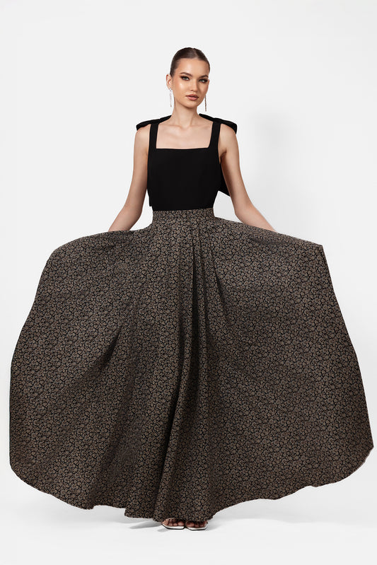 Black Square Neck Maxi Dress with Printed Skirt