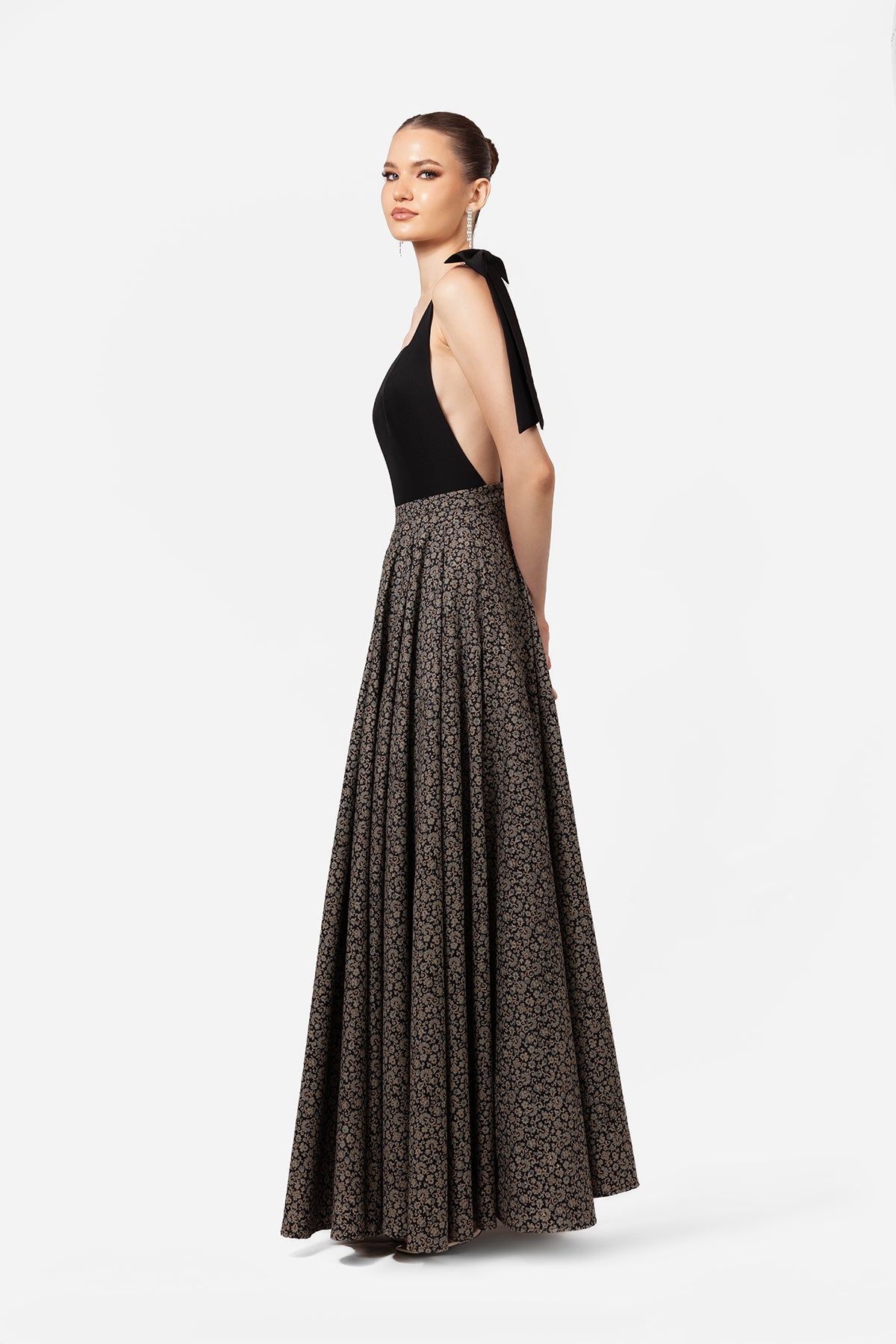Black Square Neck Maxi Dress with Printed Skirt