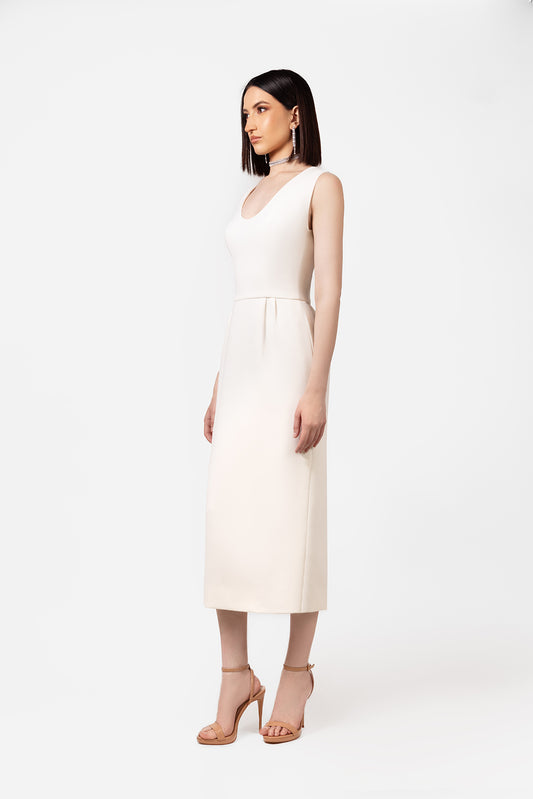 Ivory Sleeveless Midi Dress with Scoop Neckline