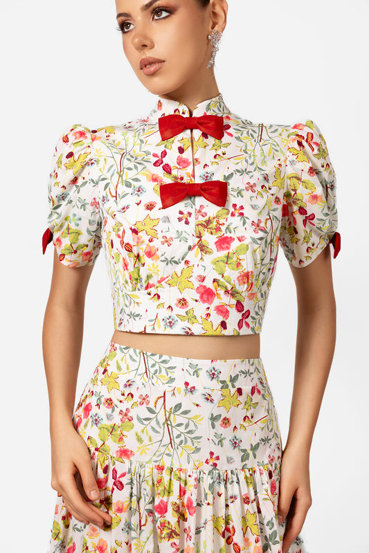 Floral Crop Top and Maxi Skirt Set with Red Bow Details