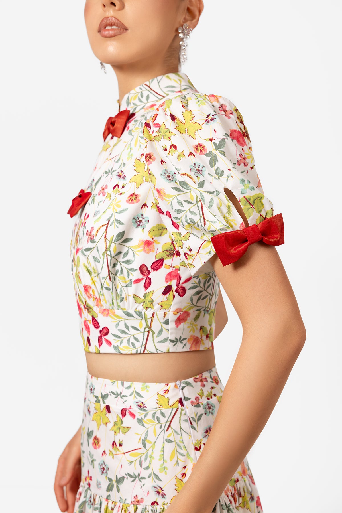 Floral Crop Top and Maxi Skirt Set with Red Bow Details