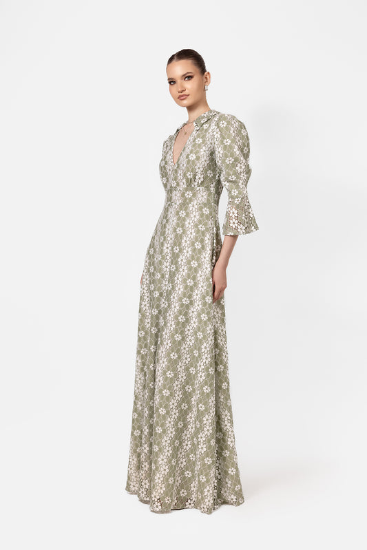 Olive Green Floral Lace Maxi Dress with Flared Sleeves
