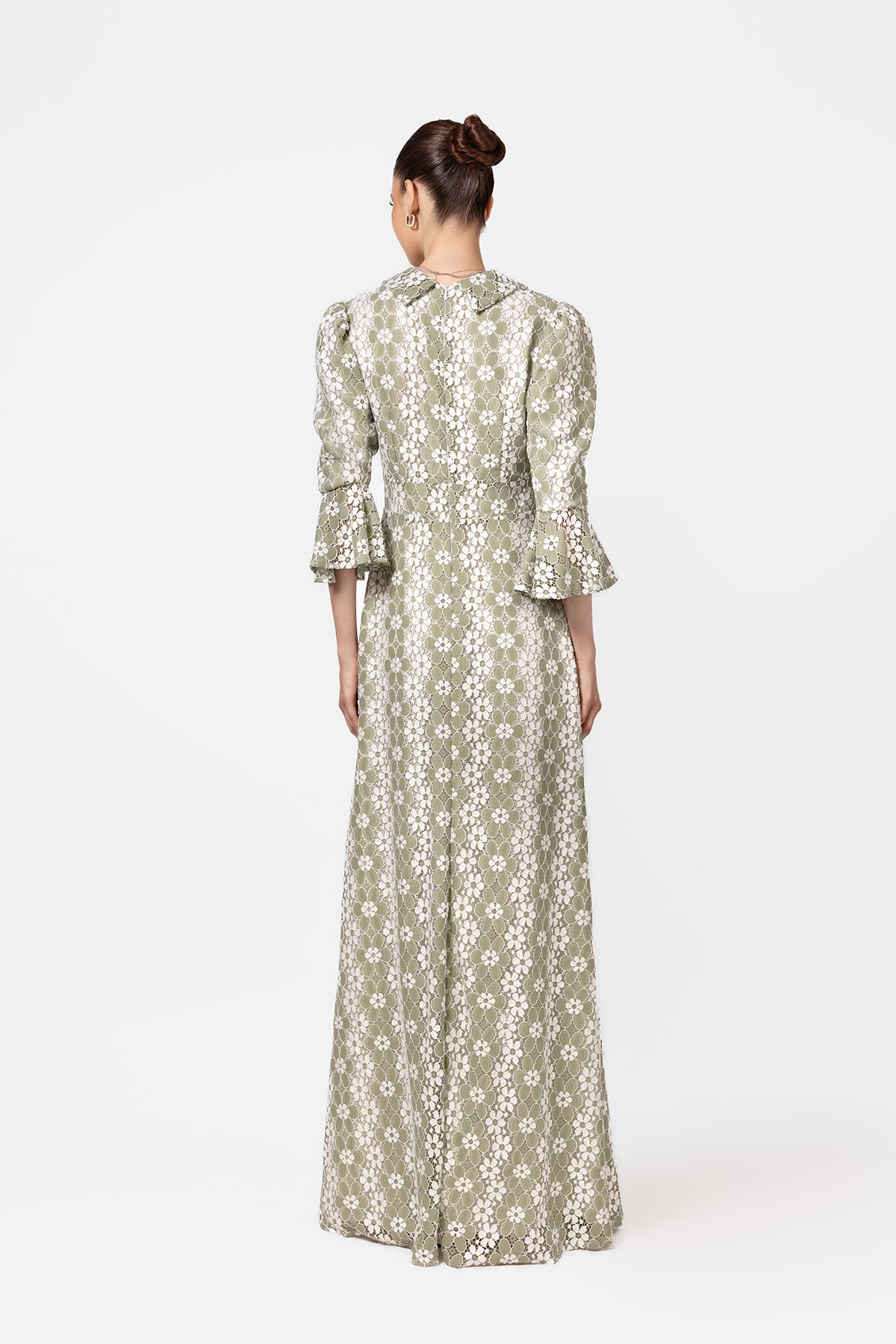 Olive Green Floral Lace Maxi Dress with Flared Sleeves