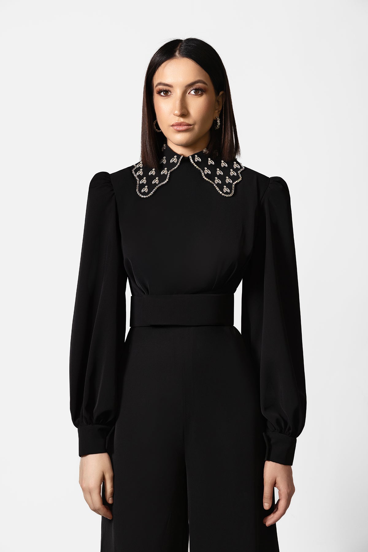 Black Long Sleeve Wide-Leg Jumpsuit with Embellished Collar