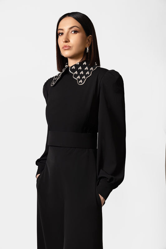 Black Long Sleeve Wide-Leg Jumpsuit with Embellished Collar