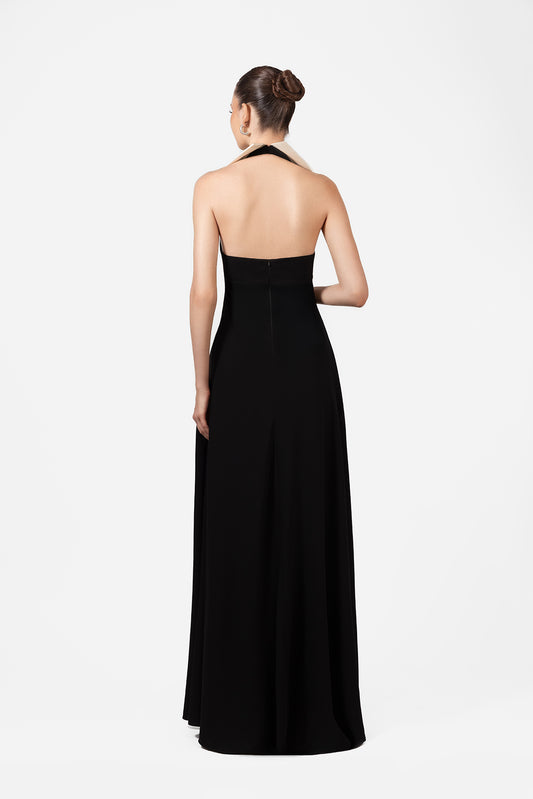 Black Maxi Dress with White Collar and Floral Appliqué