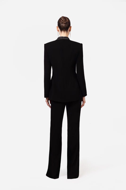 Black Tailored Pantsuit with Satin Lapel