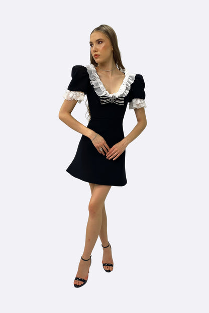 Black Contrast Ruffle Mini Dress