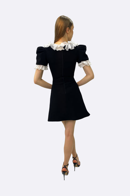Black Contrast Ruffle Mini Dress
