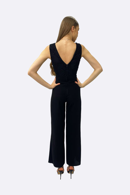 Black Embellished Crepe Jumpsuit