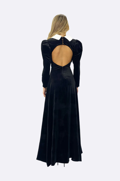Black Velvet Contrast Collar Maxi Dress