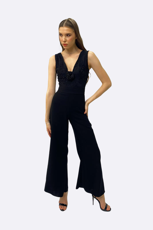 Black Embellished Crepe Jumpsuit