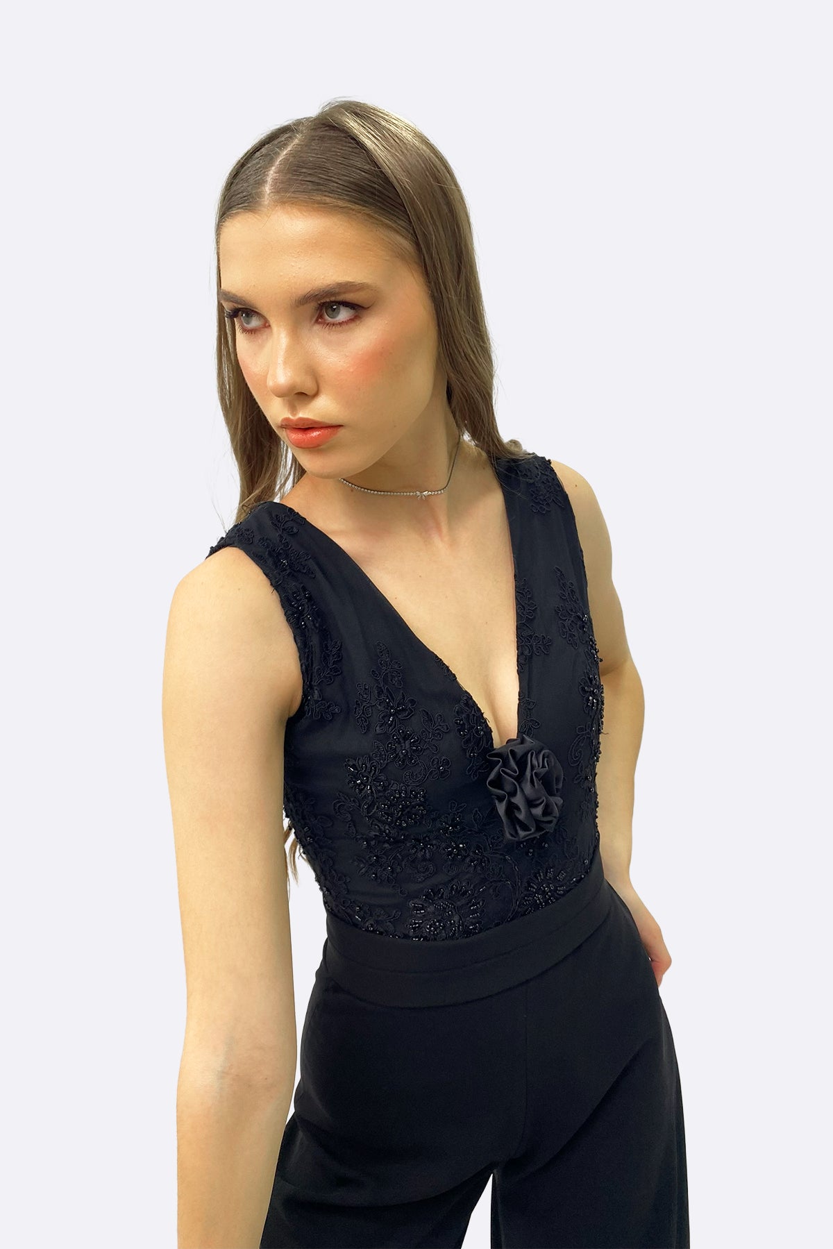 Black Embellished Crepe Jumpsuit