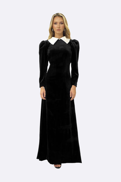 Black Velvet Contrast Collar Maxi Dress
