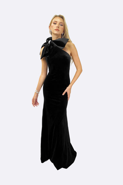Black Velvet One-Shoulder Bow Maxi Dress