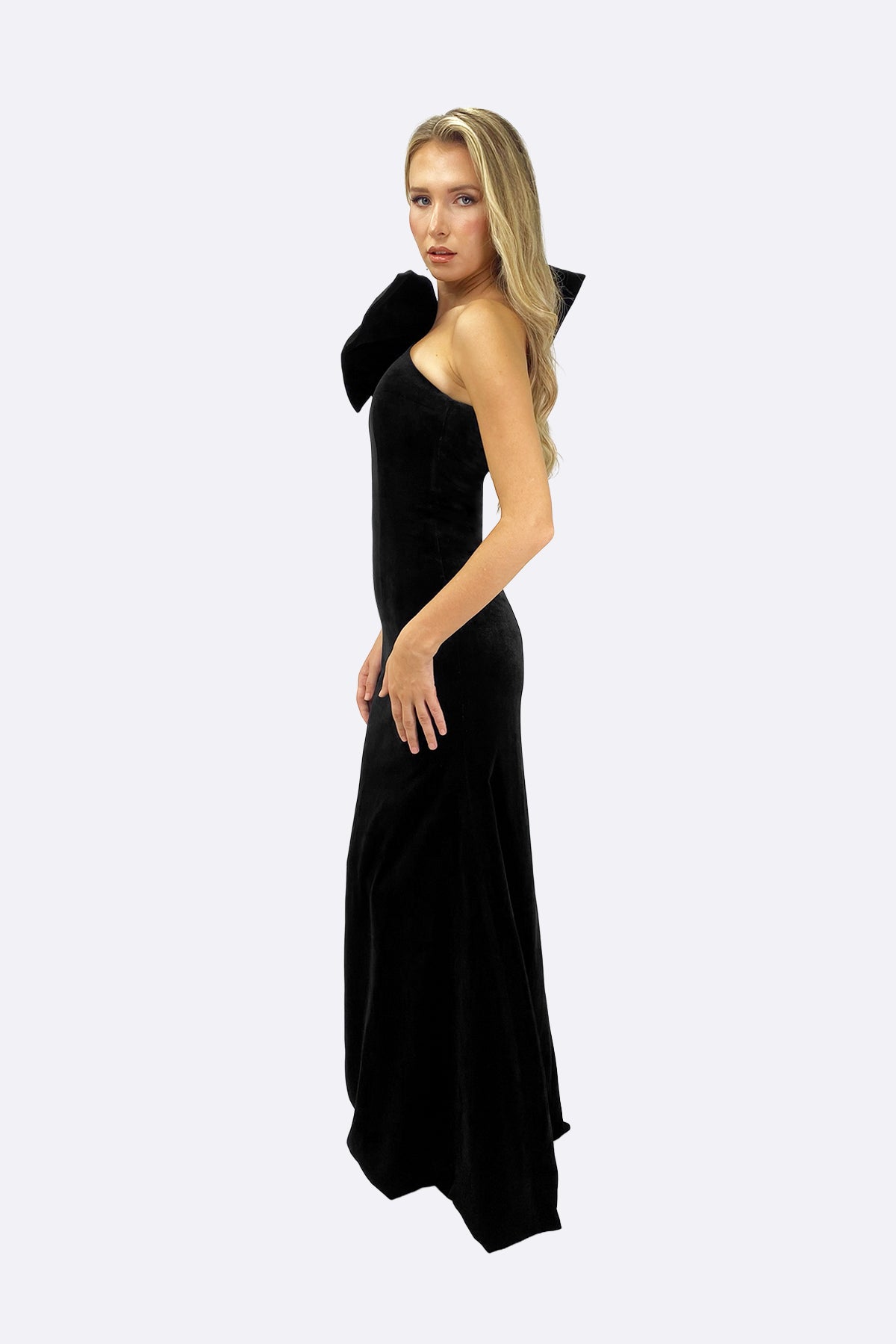 Black Velvet One-Shoulder Bow Maxi Dress