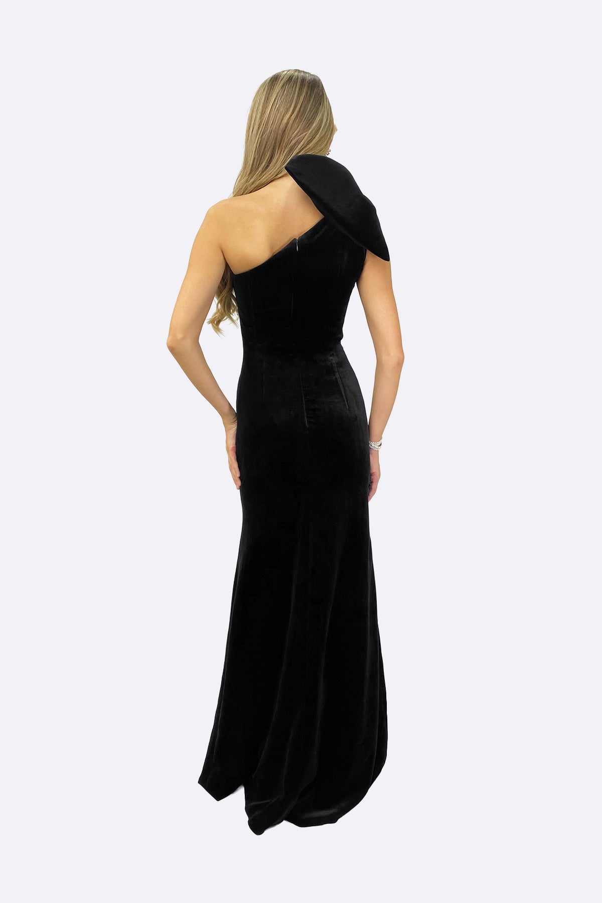 Black Velvet One-Shoulder Bow Maxi Dress
