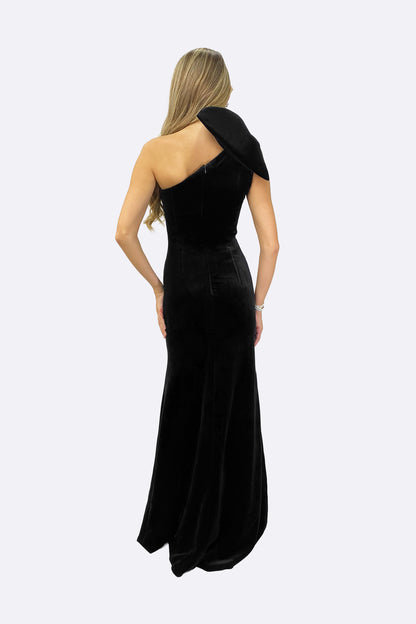 Black Velvet One-Shoulder Bow Maxi Dress