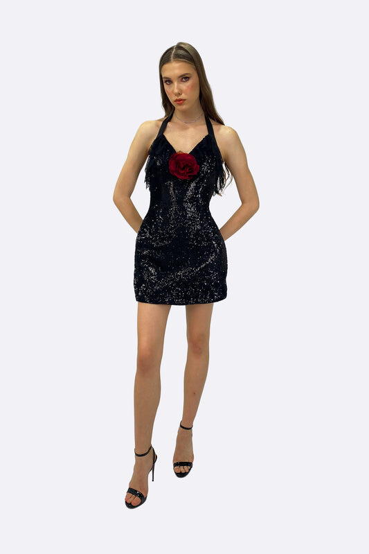 Black Sequin Rose Mini Dress