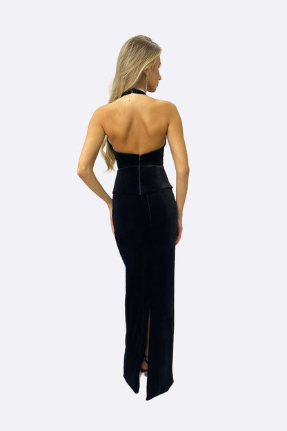 Black Velvet White Rose Halter Gown