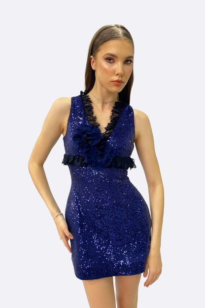Blue Sequin Embellished Mini Dress