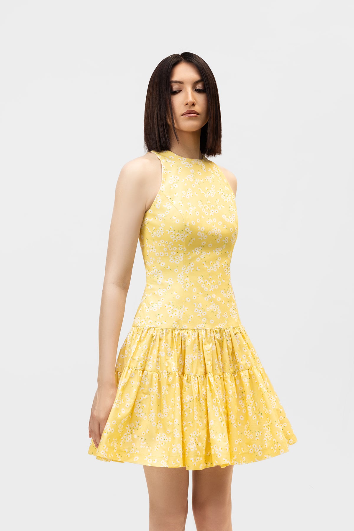 Yellow Floral Sleeveless Mini Dress with Tiered Hem