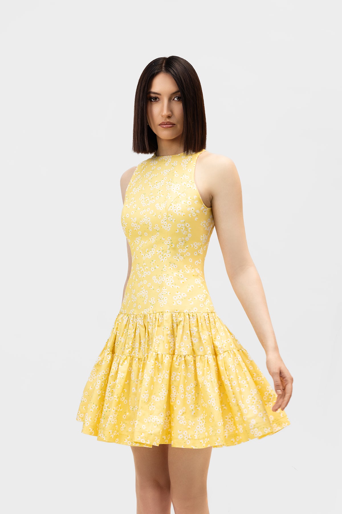 Yellow Floral Sleeveless Mini Dress with Tiered Hem