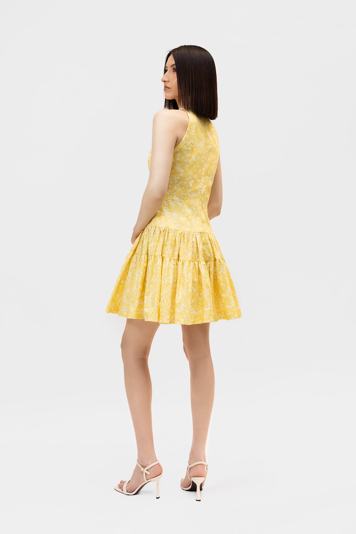 Yellow Floral Sleeveless Mini Dress with Tiered Hem