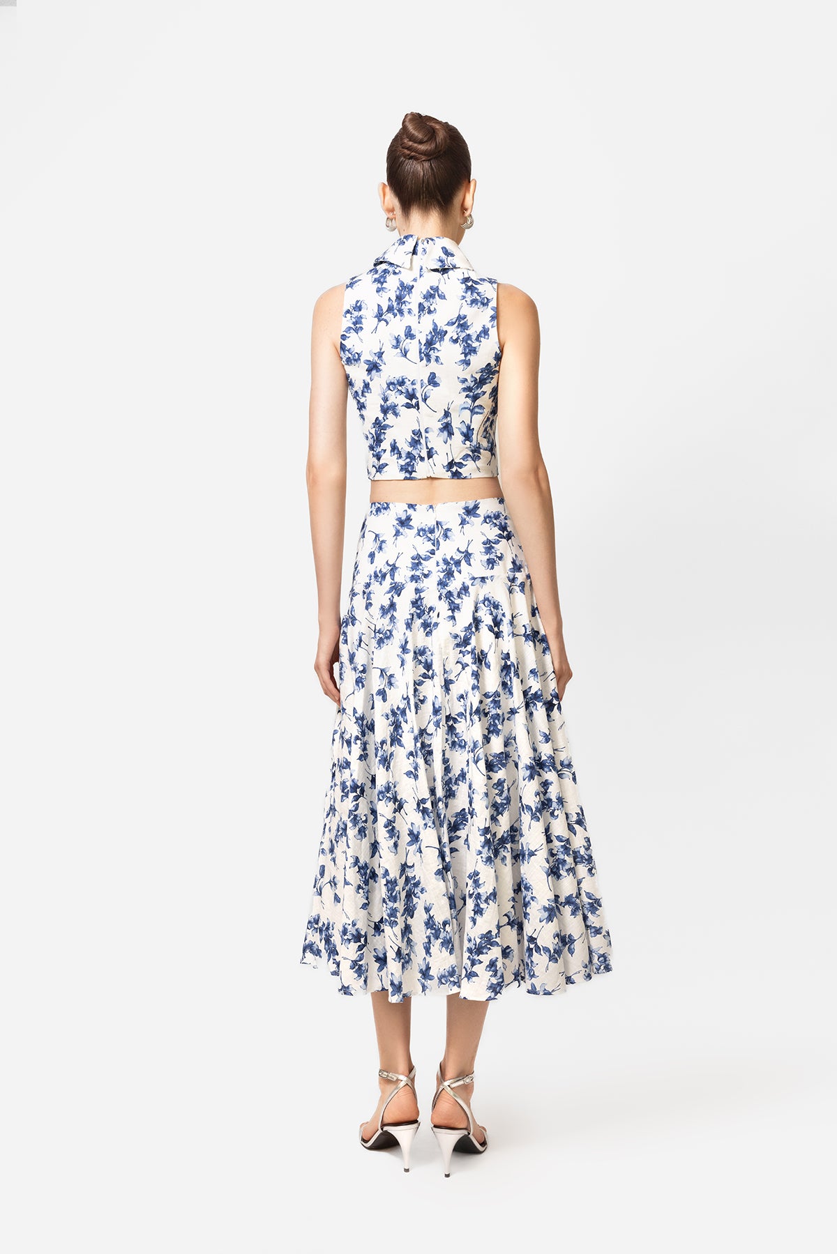 Blue and White Floral Crop Top and Midi Skirt Set
