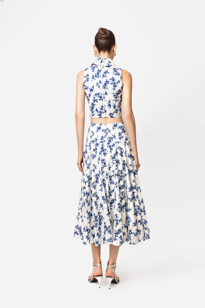 Blue and White Floral Crop Top and Midi Skirt Set