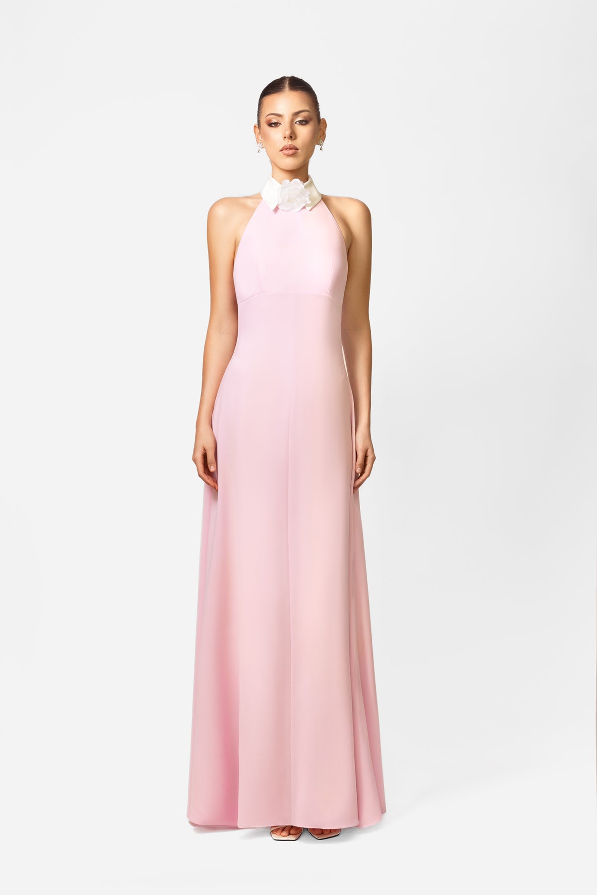 Light Pink Halter Neck Maxi Dress with White Collar Detail