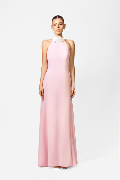 Light Pink Halter Neck Maxi Dress with White Collar Detail