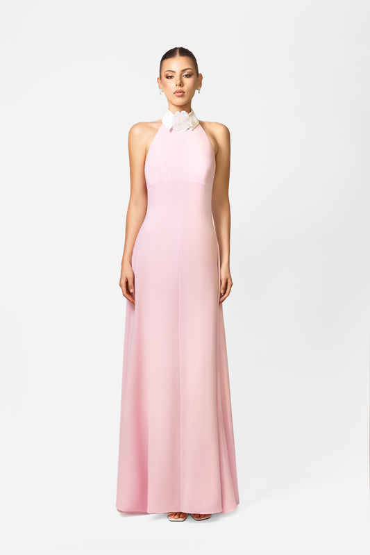 Light Pink Halter Neck Maxi Dress with White Collar Detail