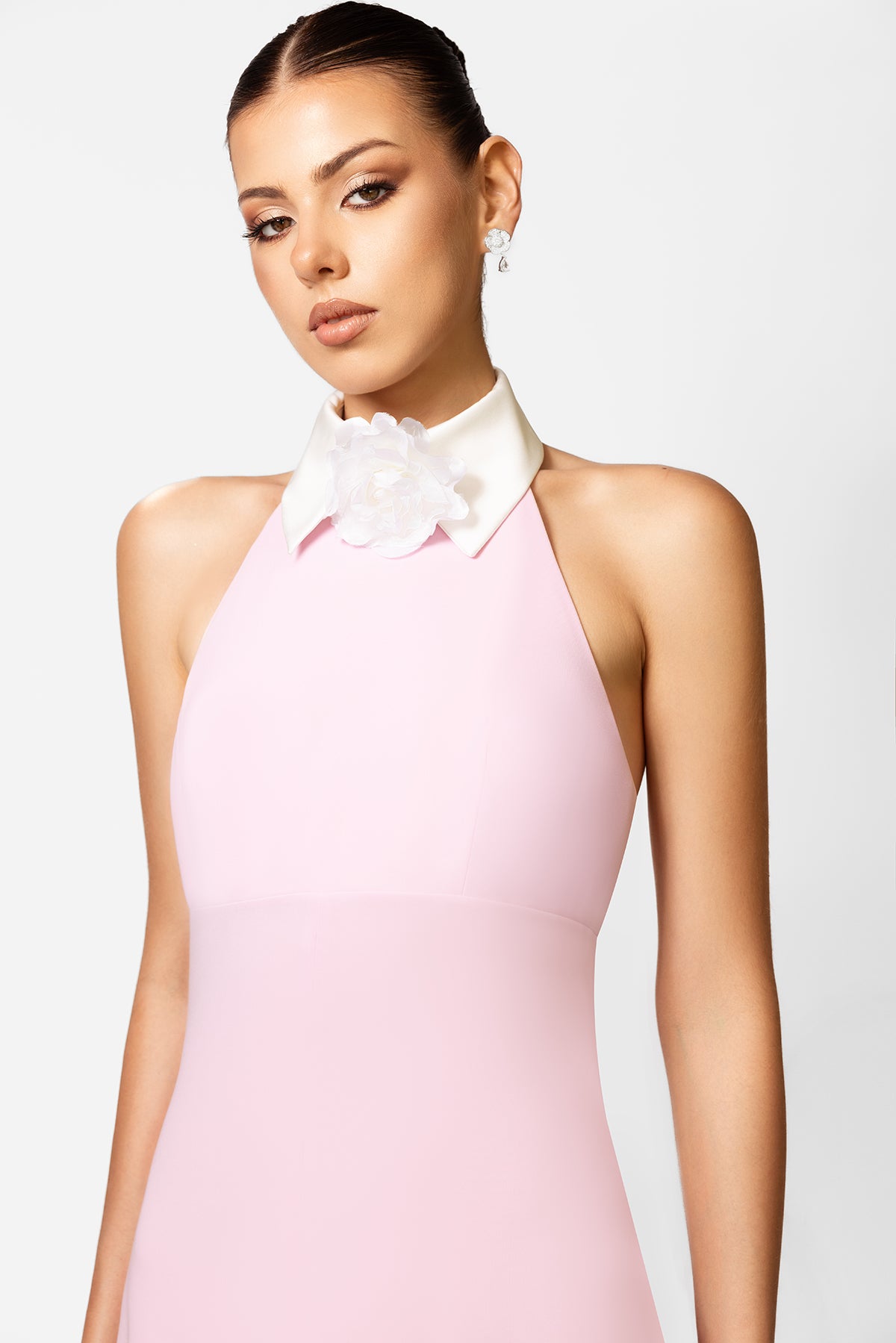 Light Pink Halter Neck Maxi Dress with White Collar Detail