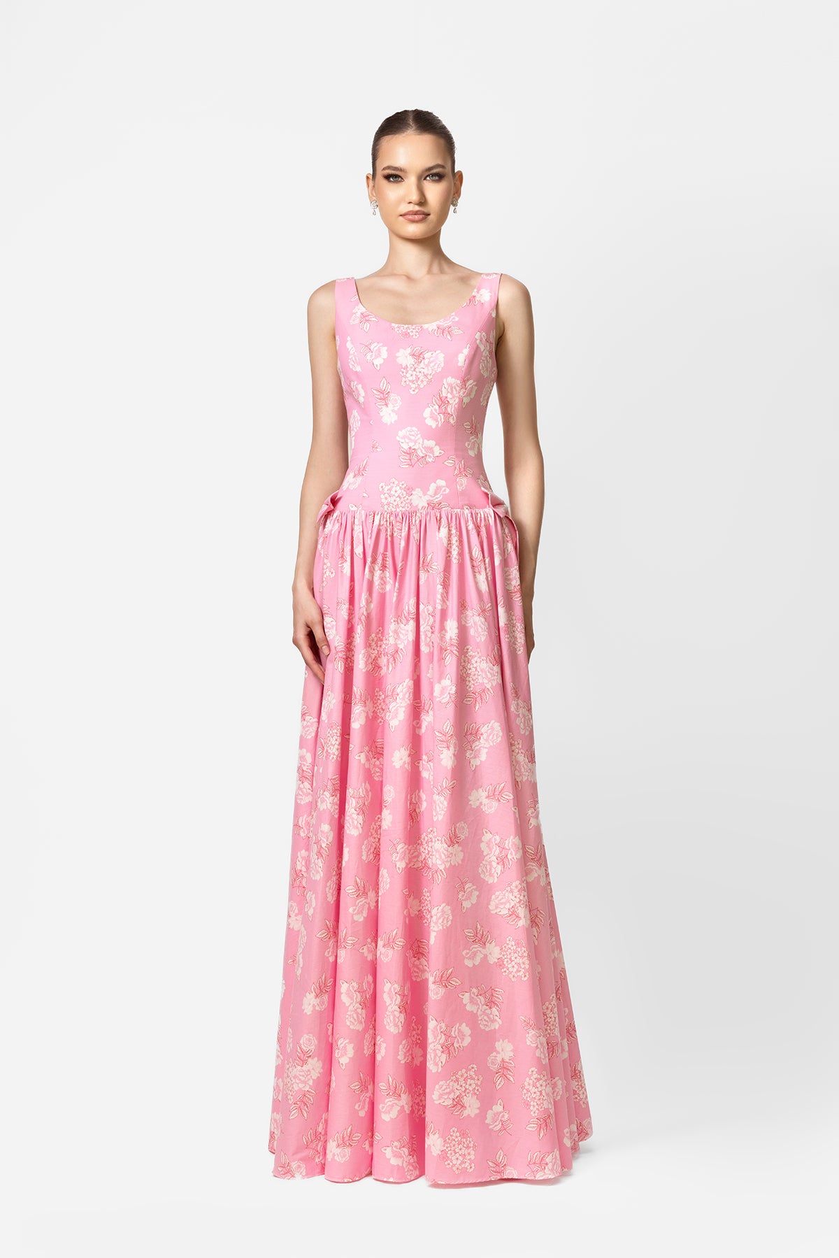 Pink Floral Jacquard Sleeveless Gown