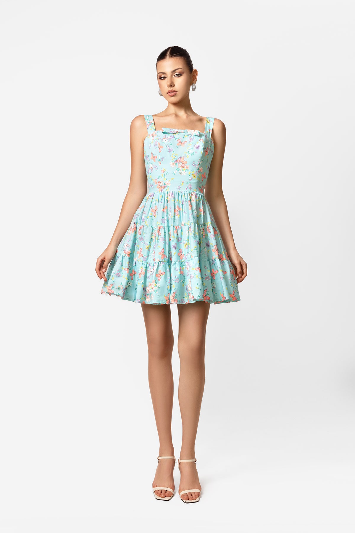 Mint Floral Cotton Mini Dress with Square Neck and Tiered Skirt