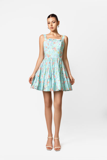Mint Floral Cotton Mini Dress with Square Neck and Tiered Skirt