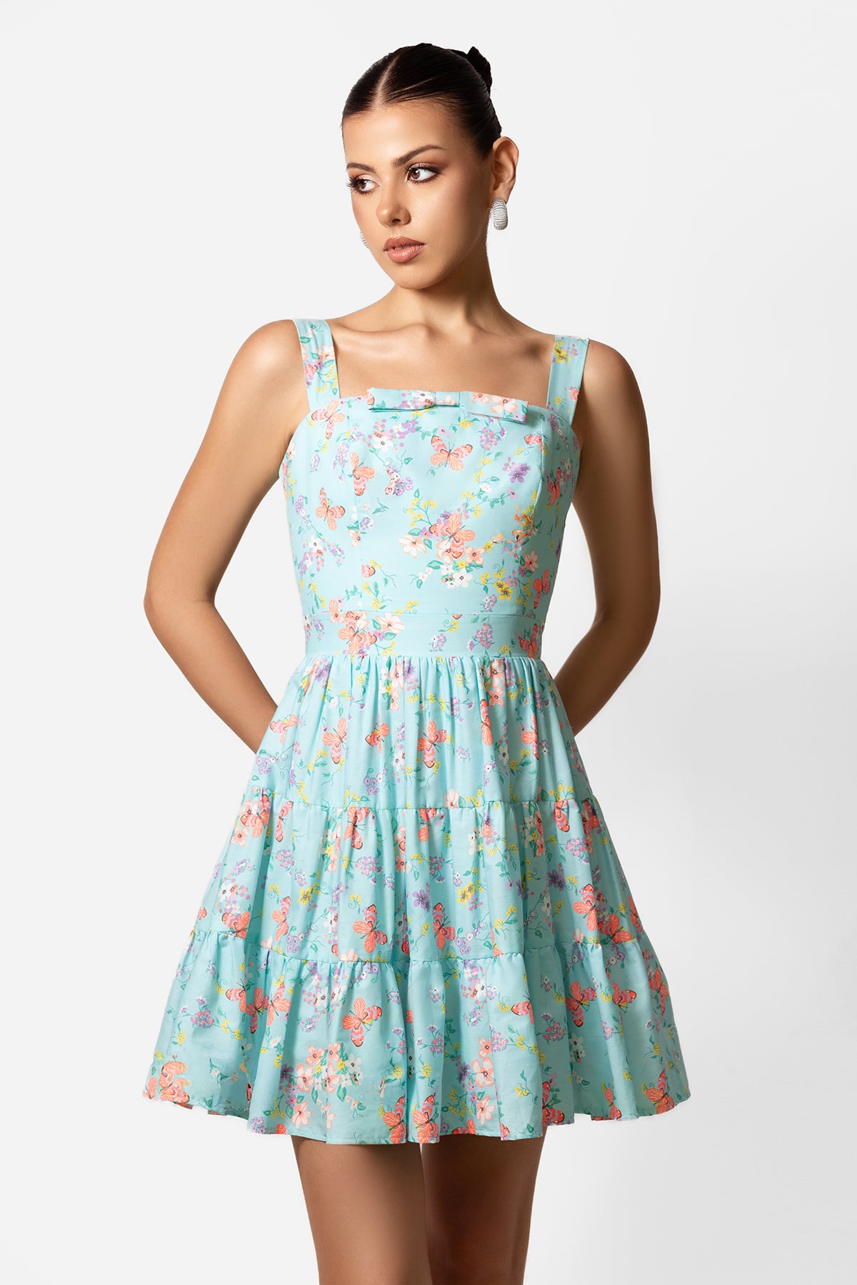 Mint Floral Cotton Mini Dress with Square Neck and Tiered Skirt