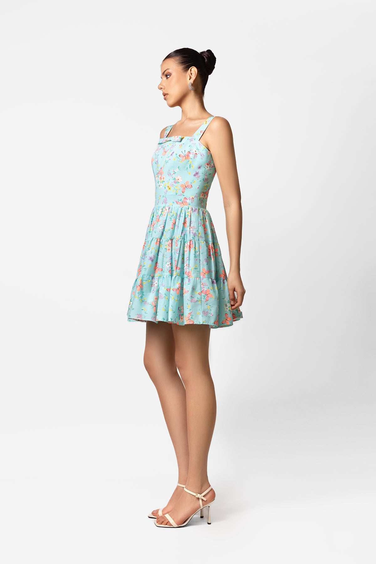 Mint Floral Cotton Mini Dress with Square Neck and Tiered Skirt